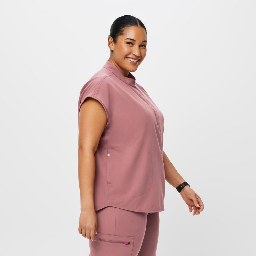 Figs Rafaela Silhouette Oversized Scrub Top w/ Chest Pockets - Mauve & Neon Pink